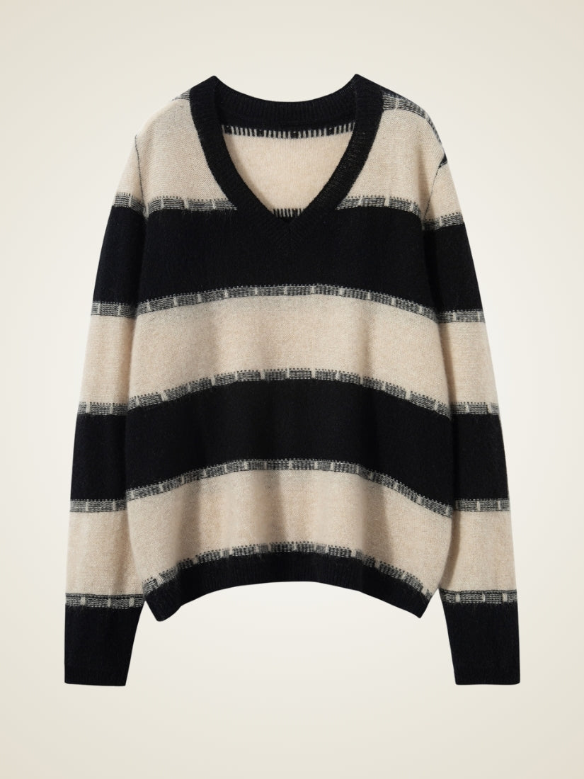Kylindra - Striped V-Neck Cashmere Sweater | The Cashmere Studio