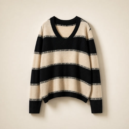 Kylindra - Striped V-Neck Cashmere Sweater | The Cashmere Studio