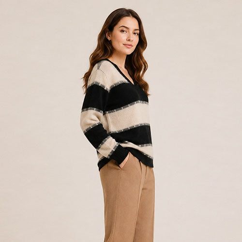 Kylindra - Striped V-Neck Cashmere Sweater | The Cashmere Studio