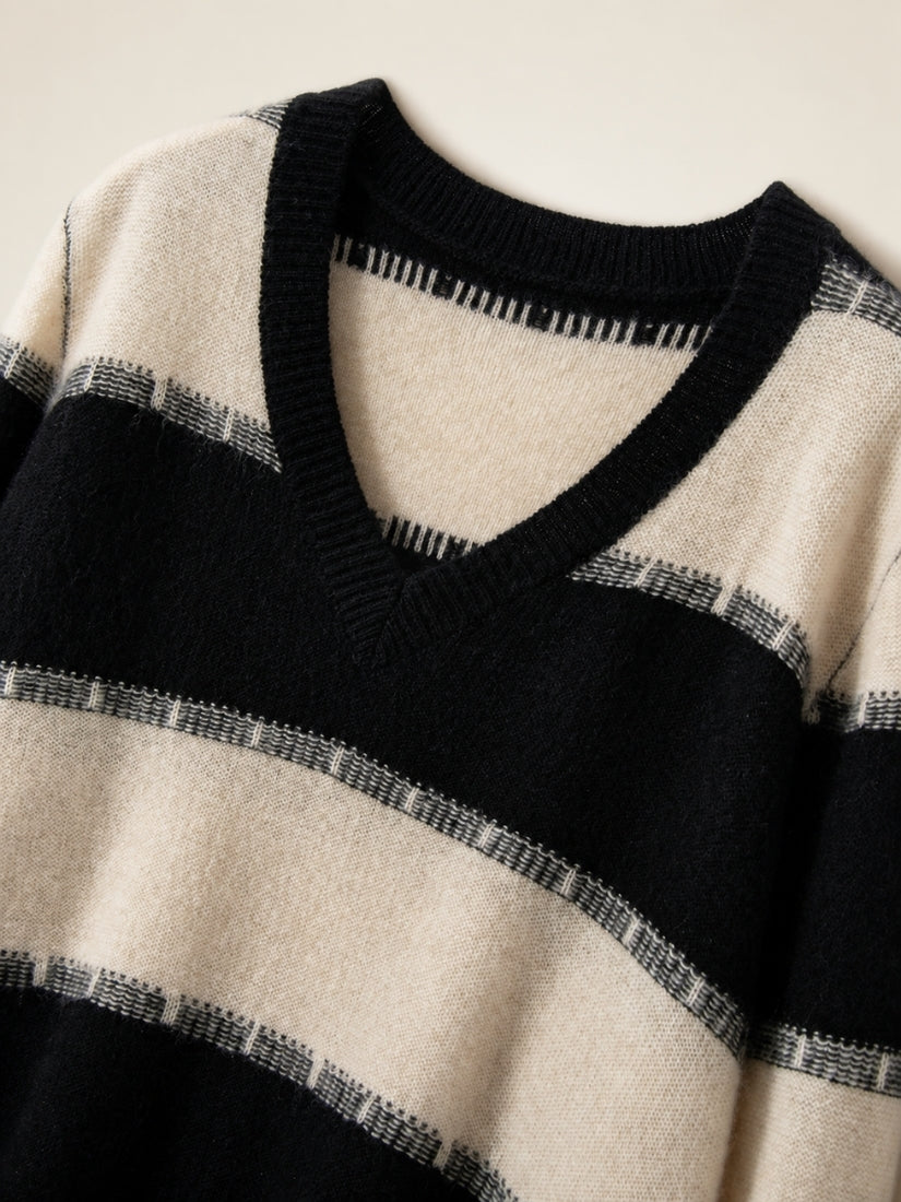 Kylindra - Striped V-Neck Cashmere Sweater | The Cashmere Studio