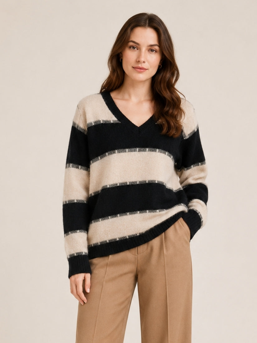 Kylindra - Beige Striped V-Neck Cashmere Sweater | The Cashmere Studio