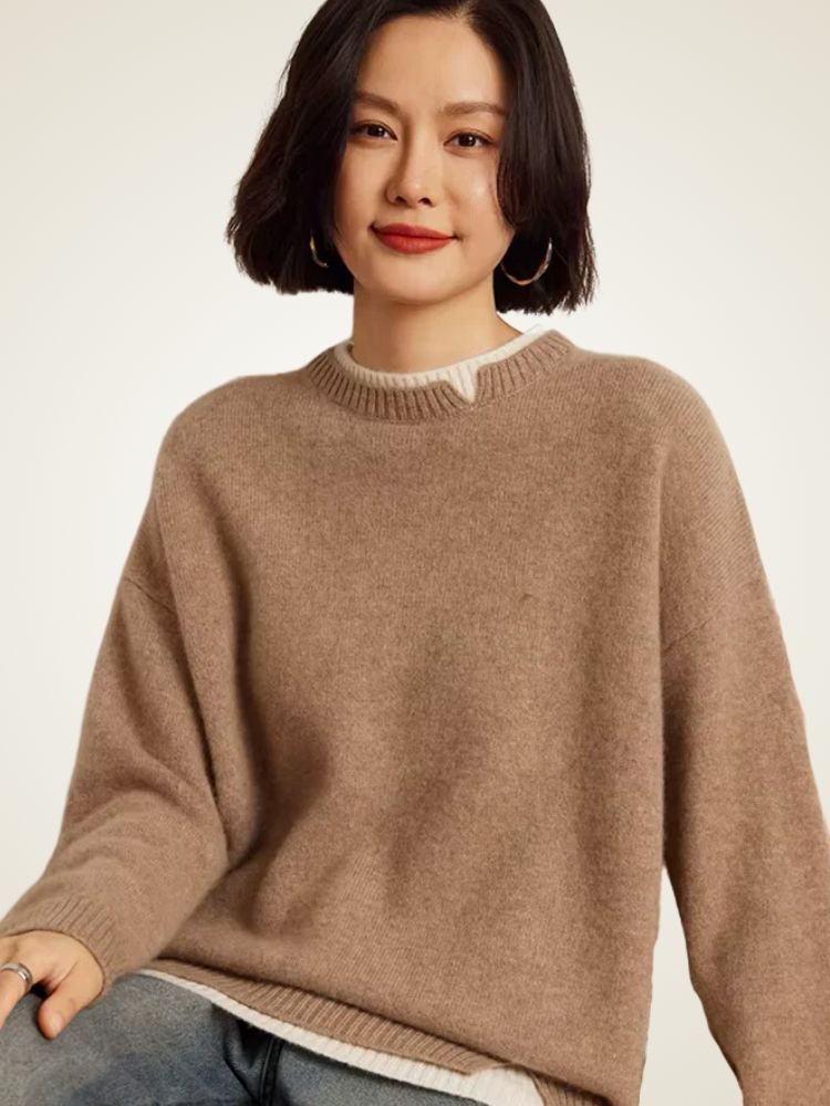 Olivia - Double Collar Crewneck Cashmere Sweater | The Cashmere Studio