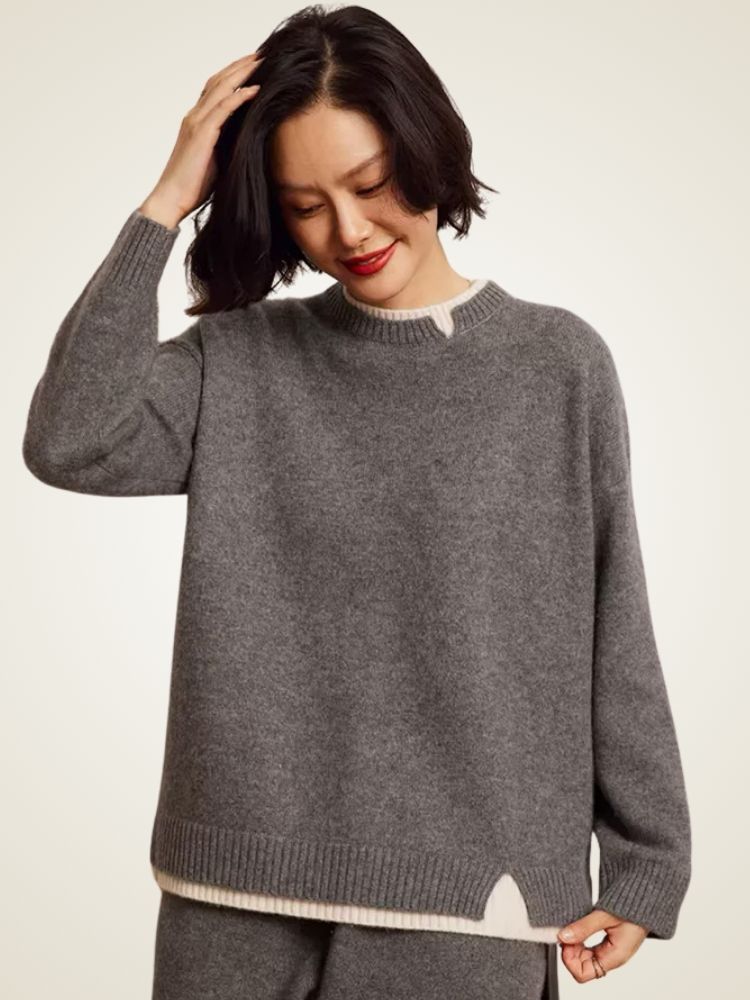 Olivia - Double Collar Crewneck Cashmere Sweater | The Cashmere Studio