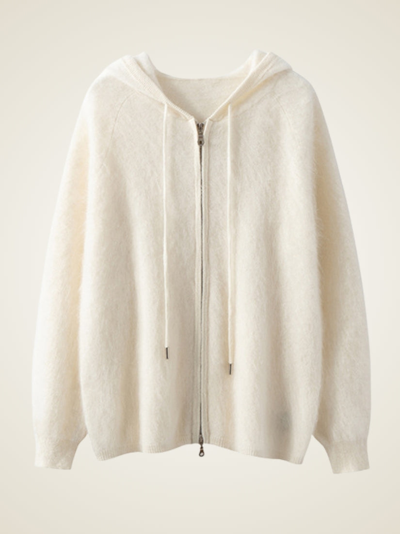 Lareth — Ivory Zip-Up Cashmere Hoodie Cardigan | The Cashmere Studio