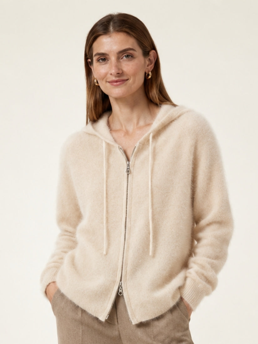 Lareth — Beige Zip-Up Cashmere Hoodie Cardigan | The Cashmere Studio