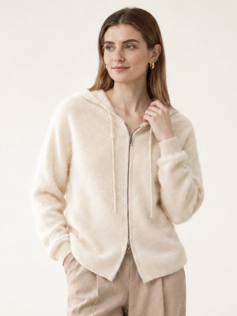 Lareth — Ivory Zip-Up Cashmere Hoodie Cardigan | The Cashmere Studio