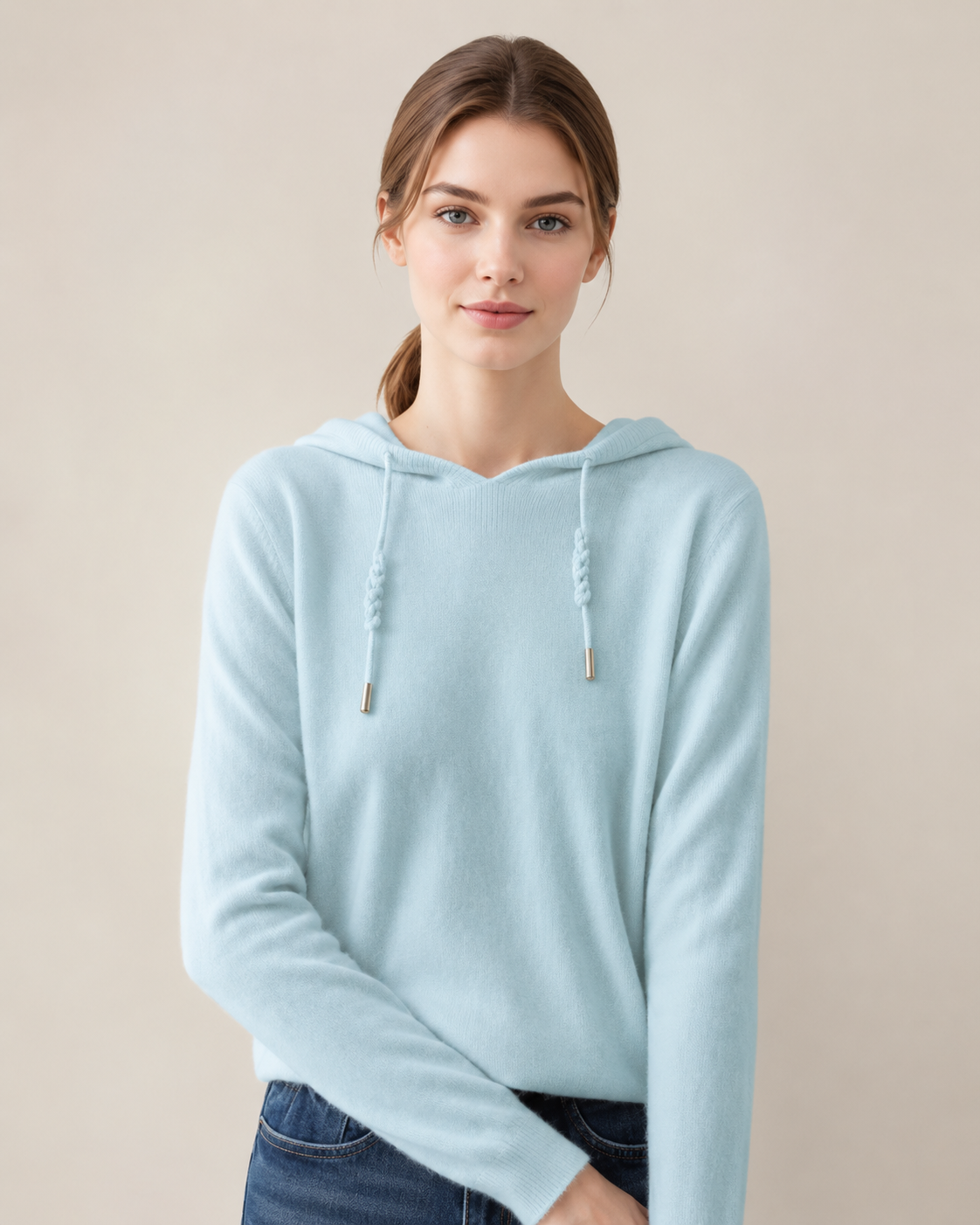 Colleen - Light Blue Ribbed Cashmere Hoodie | The Cashmere Studio