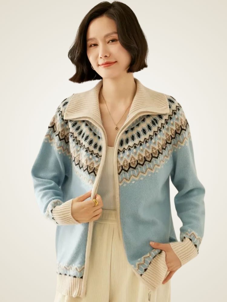 Jamie - Light Blue Nordic Patterned Zip Up Cashmere Cardigan | The Cashmere