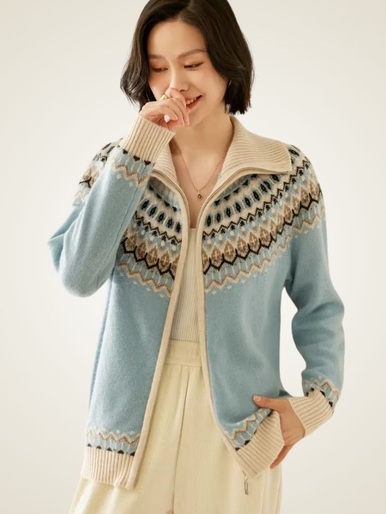 Jamie - Light Blue Nordic Patterned Zip Up Cashmere Cardigan | The Cashmere