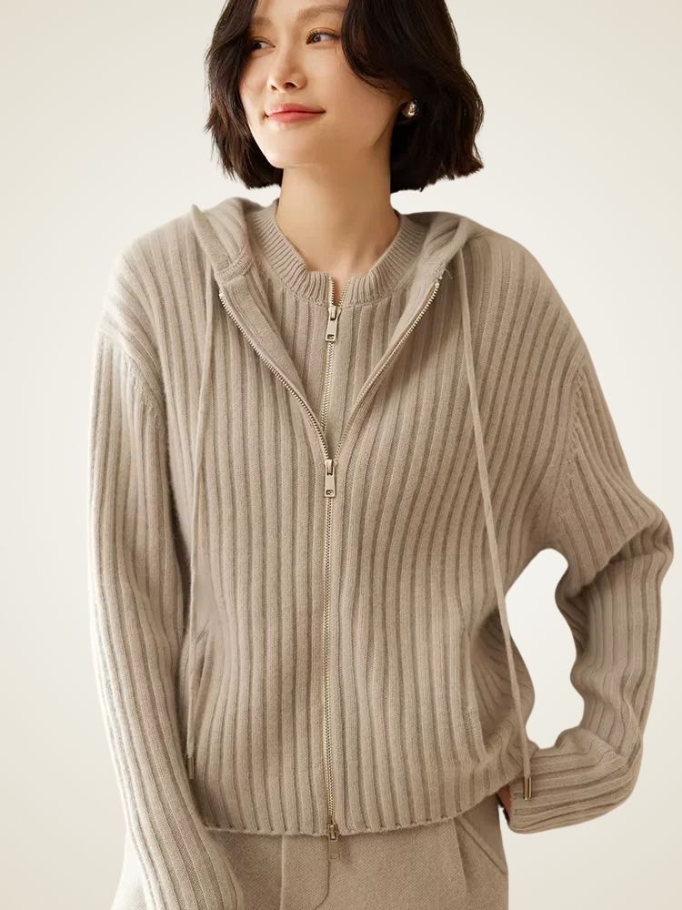 Aspen - Light Gray Ribbed Cashmere Hoodie Cardigan | The Cashmere Studio