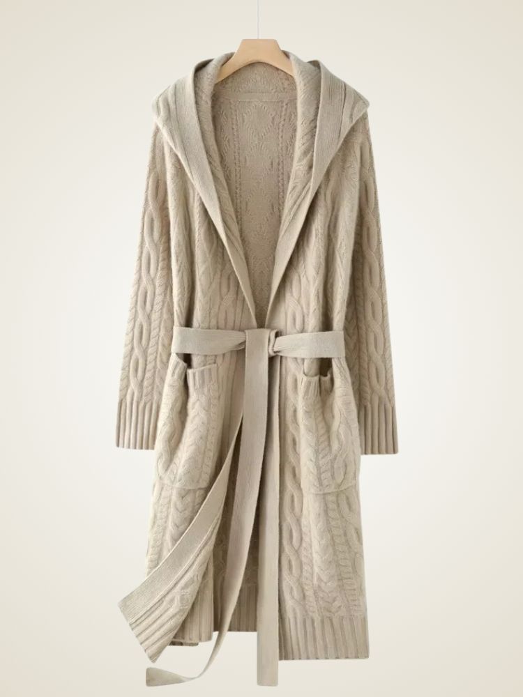 Leah - Light Gray Long Cable Knit Cashmere Cardigan