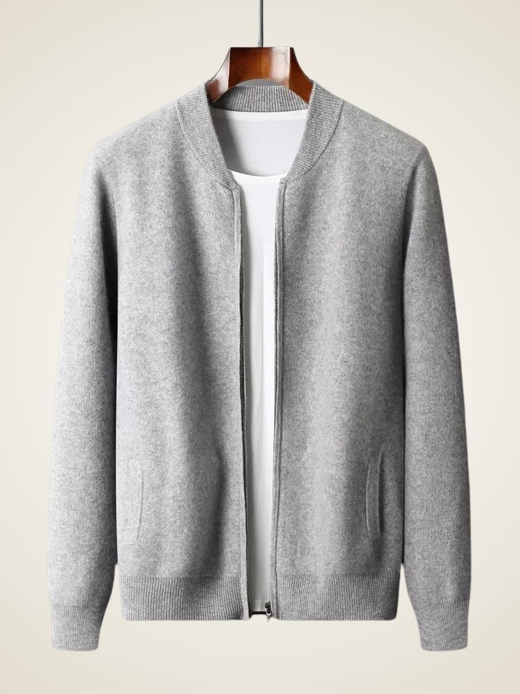 Cooper - Light Gray Bomber Collar Cashmere Cardigan | The Cashmere Studio