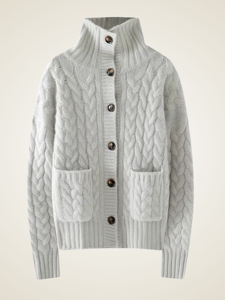 Laura - Light Gray Cable Knit Cashmere Cardigan | The Cashmere Studio