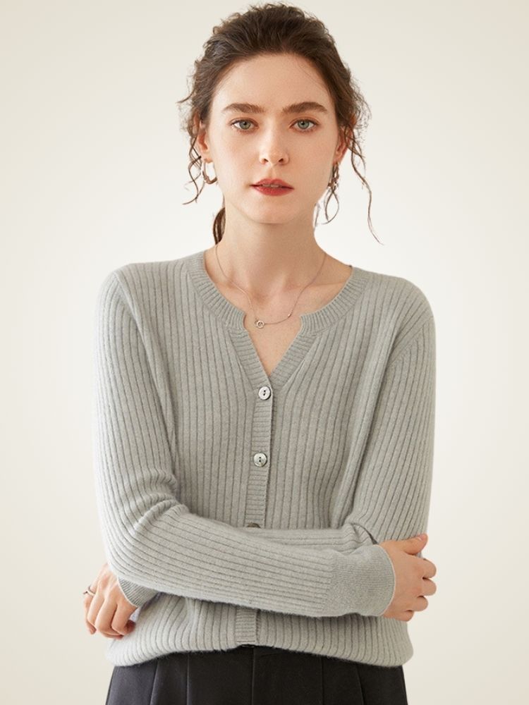 Delphie - Light Gray Ribbed Cashmere Cardigan | The Cashmere Studio