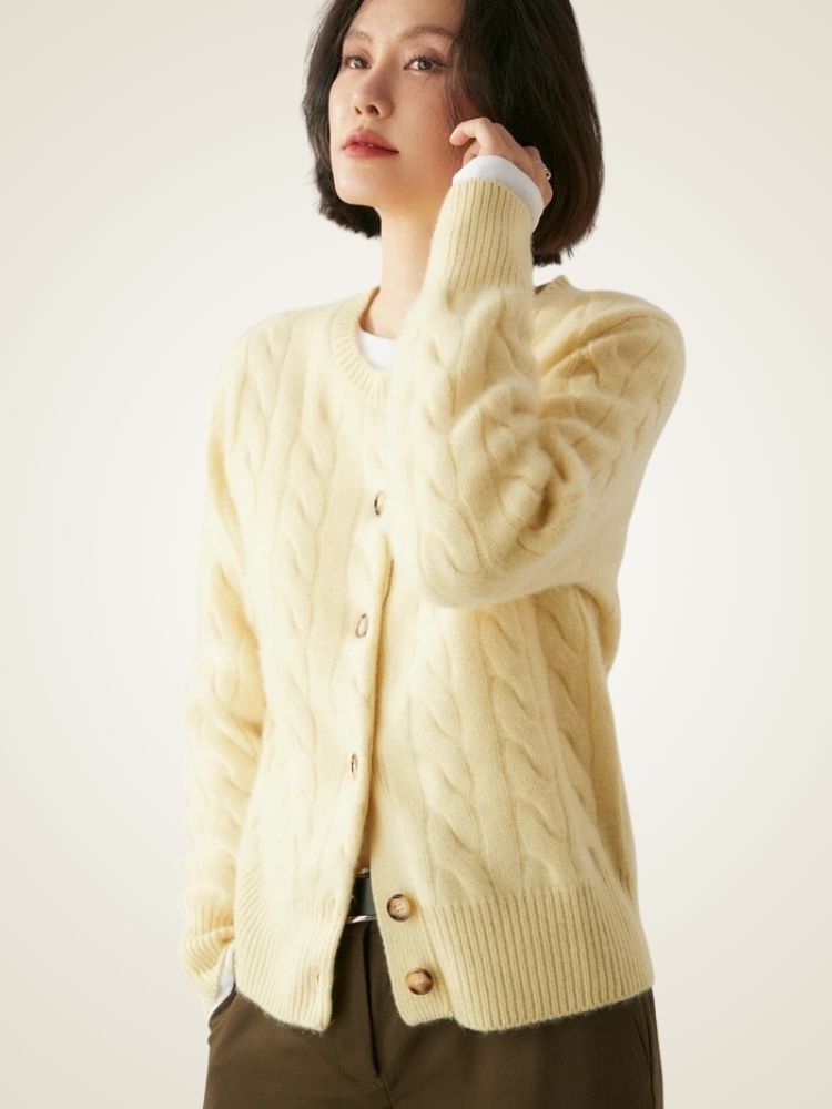 Faith - Light Yellow Cable Knit Cashmere Cardigan | The Cashmere Studio