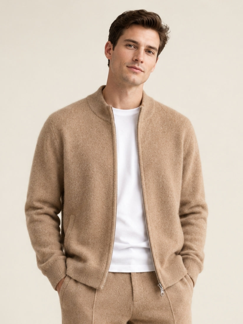 Lorien — Beige Zip-Up Cashmere Cardigan | The Cashmere Studio