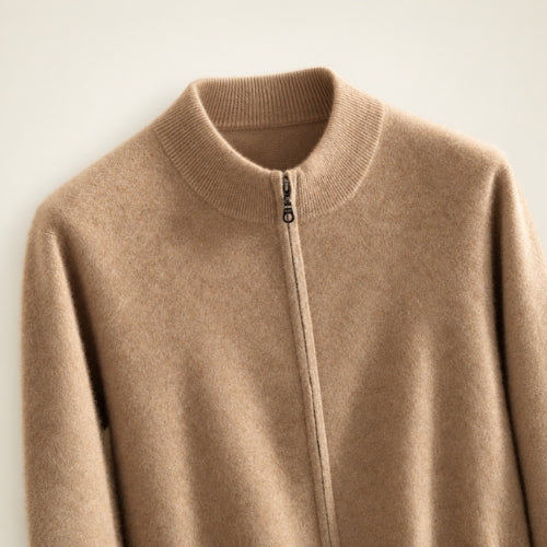 Lorien — Beige Zip-Up Cashmere Cardigan | The Cashmere Studio