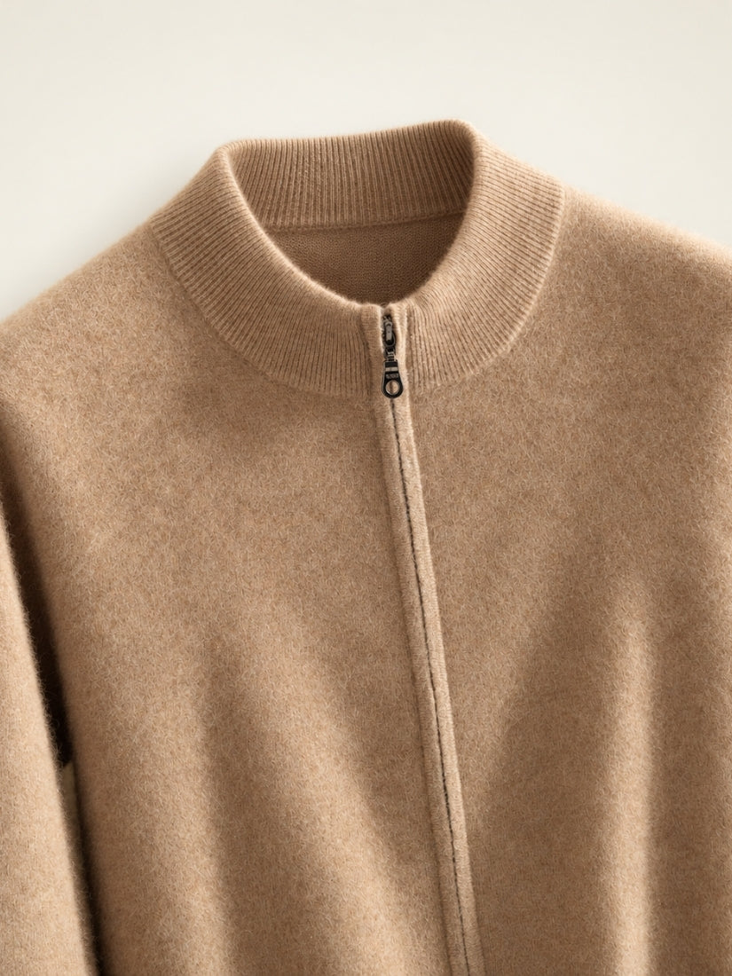Lorien — Beige Cashmere Cardigan Stand Collar & Zip Detail | The Cashmere Studio