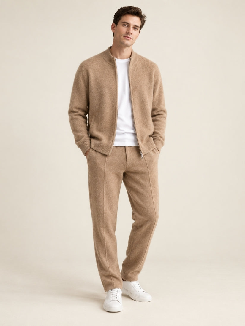 Lorien — Beige Cashmere Zip-Up Cardigan & Wide-Leg Pants Set | The Cashmere Studio