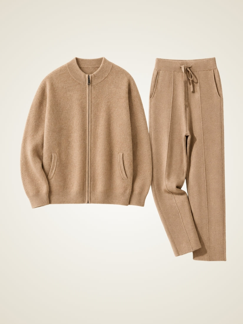 Lorien — Beige Cashmere Zip-Up Cardigan & Wide-Leg Pants Set | The Cashmere Studio