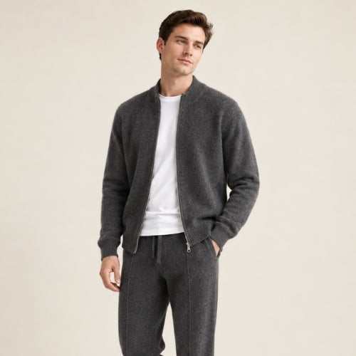 Lorien — Dark Gray Cashmere Zip-Up Cardigan & Wide-Leg Pants Set | The Cashmere Studio