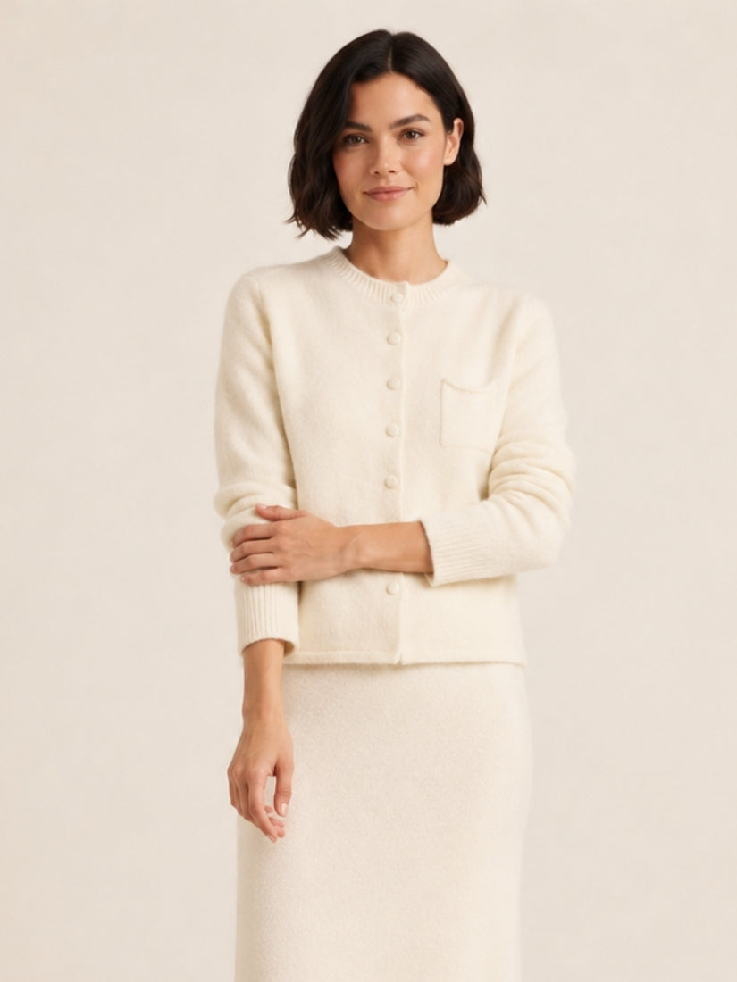 Lumara — Ivory Round-Neck Cashmere Cardigan | The Cashmere Studio
