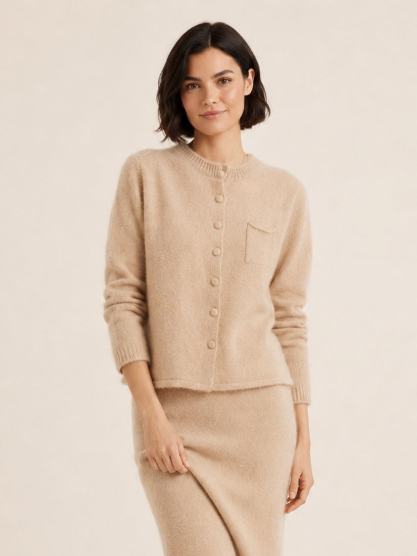 Lumara — Beige Round-Neck Cashmere Cardigan | The Cashmere Studio