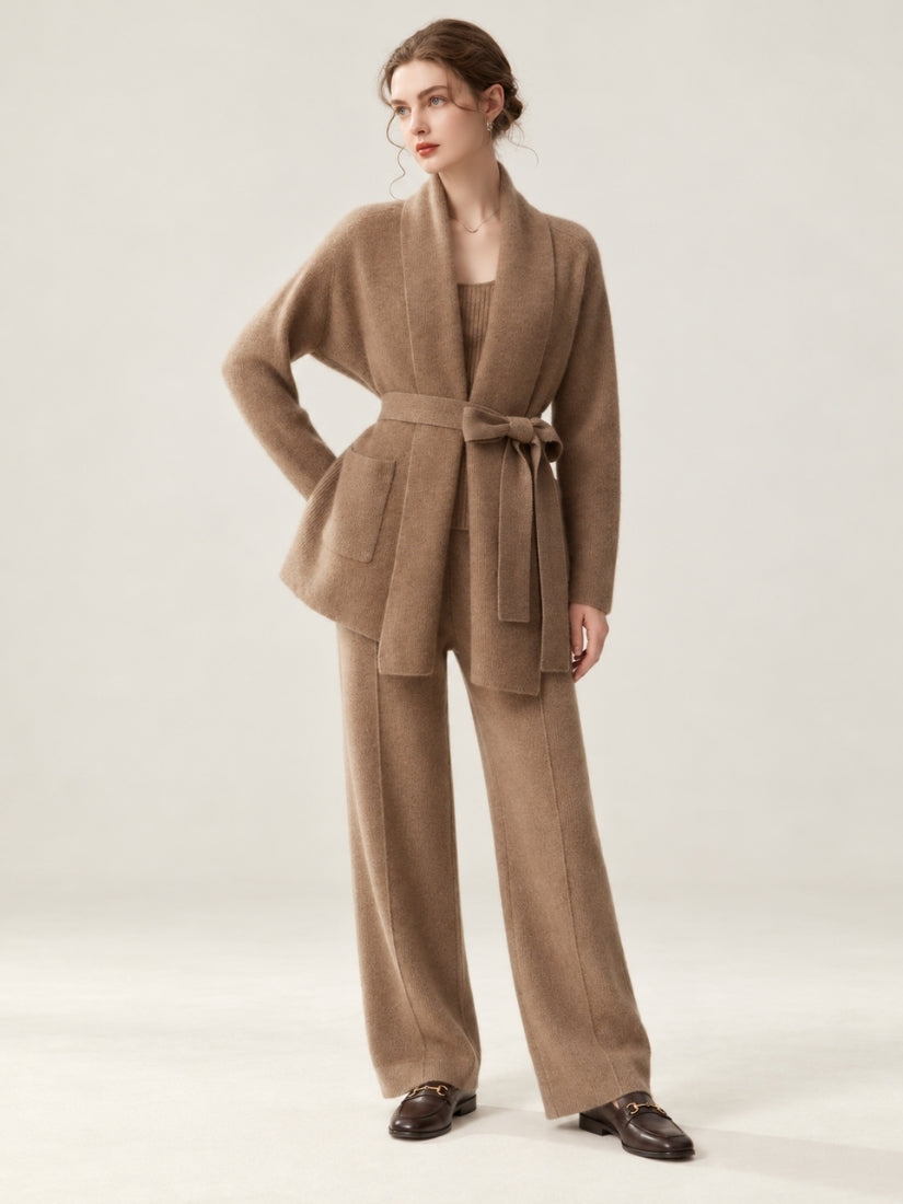 Meranys - Taupe Belted Cashmere Cardigan | The Cashmere Studio