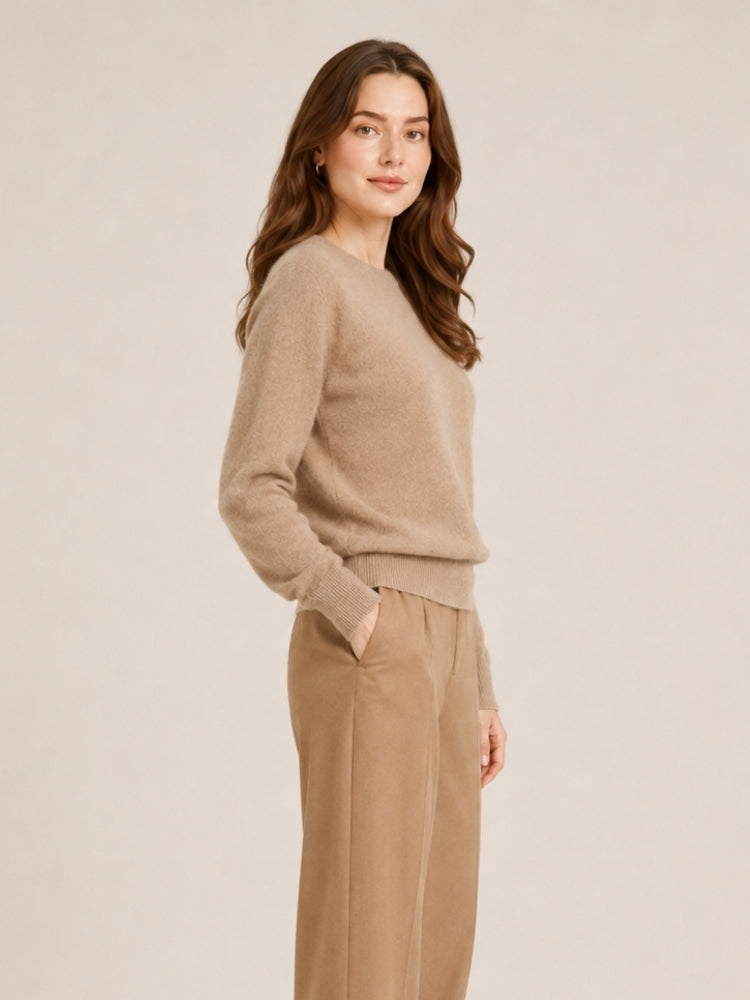 Myriana - Camel Crew Neck Cashmere Sweater | The Cashmere Studio