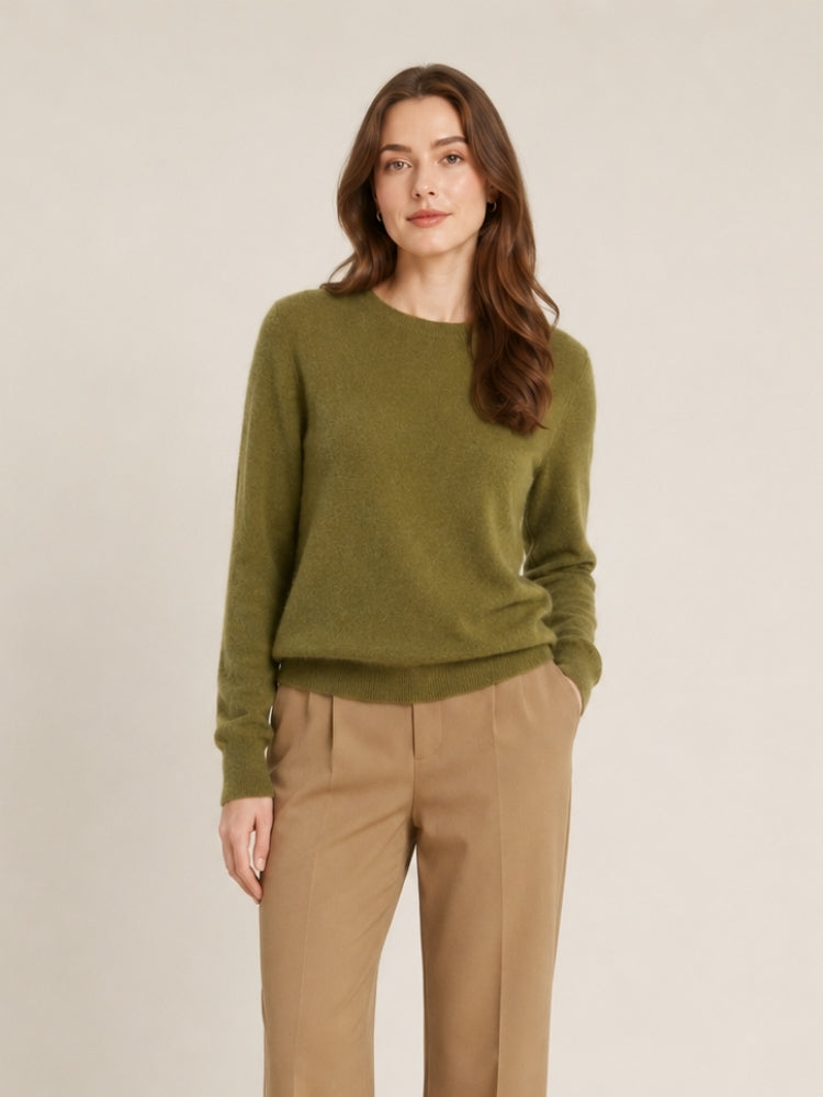 Myriana - Olive Green Crew Neck Cashmere Sweater | The Cashmere Studio
