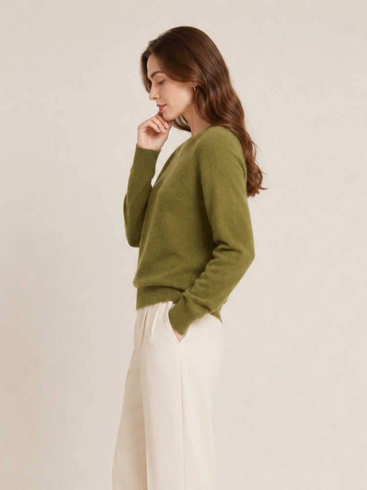 Myriana - Olive Green Crew Neck Cashmere Sweater | The Cashmere Studio