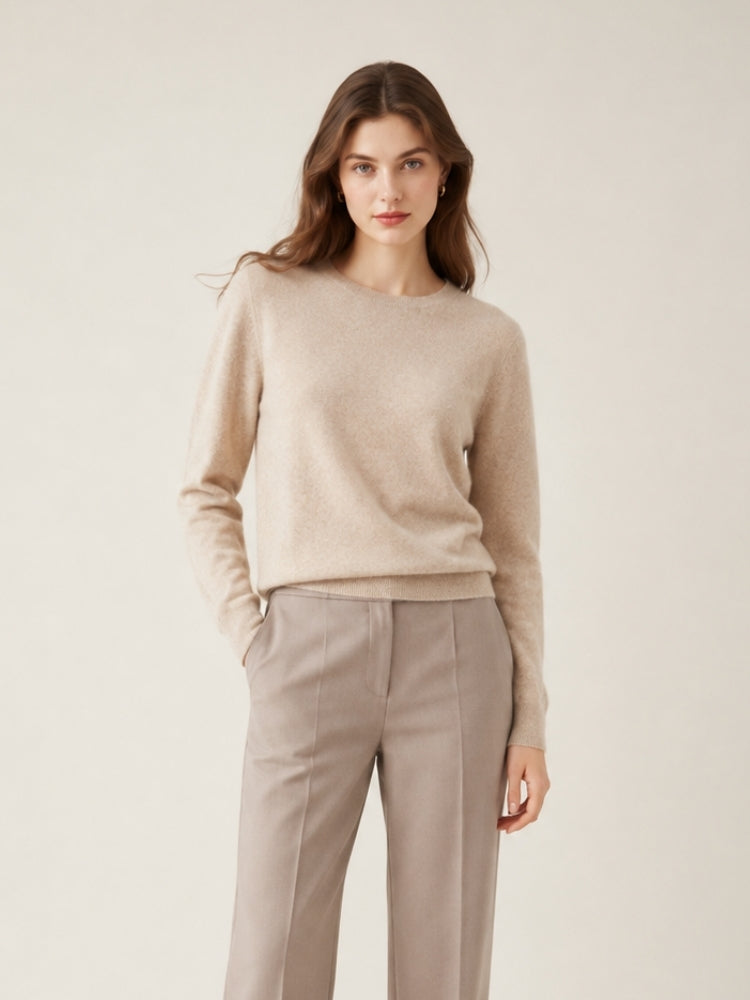 Myriana - Taupe Crew Neck Cashmere Sweater | The Cashmere Studio