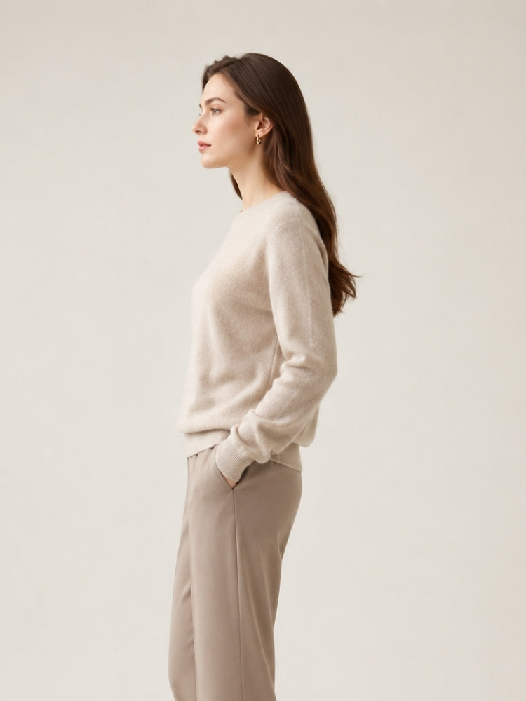 Myriana - Taupe Crew Neck Cashmere Sweater | The Cashmere Studio
