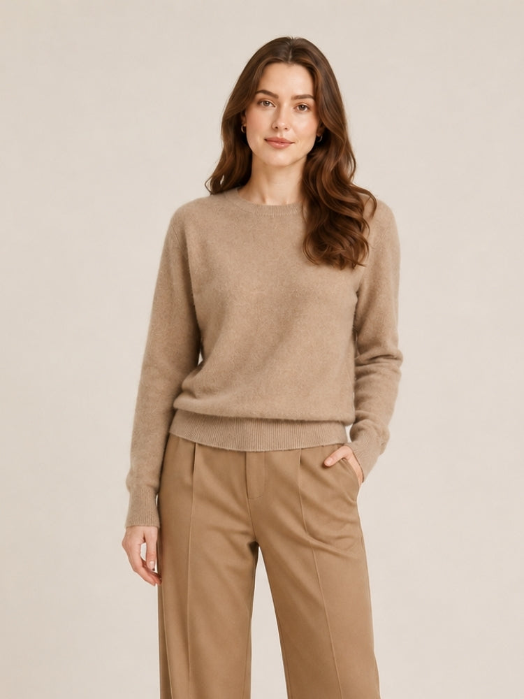 Myriana - Camel Crew Neck Cashmere Sweater | The Cashmere Studio