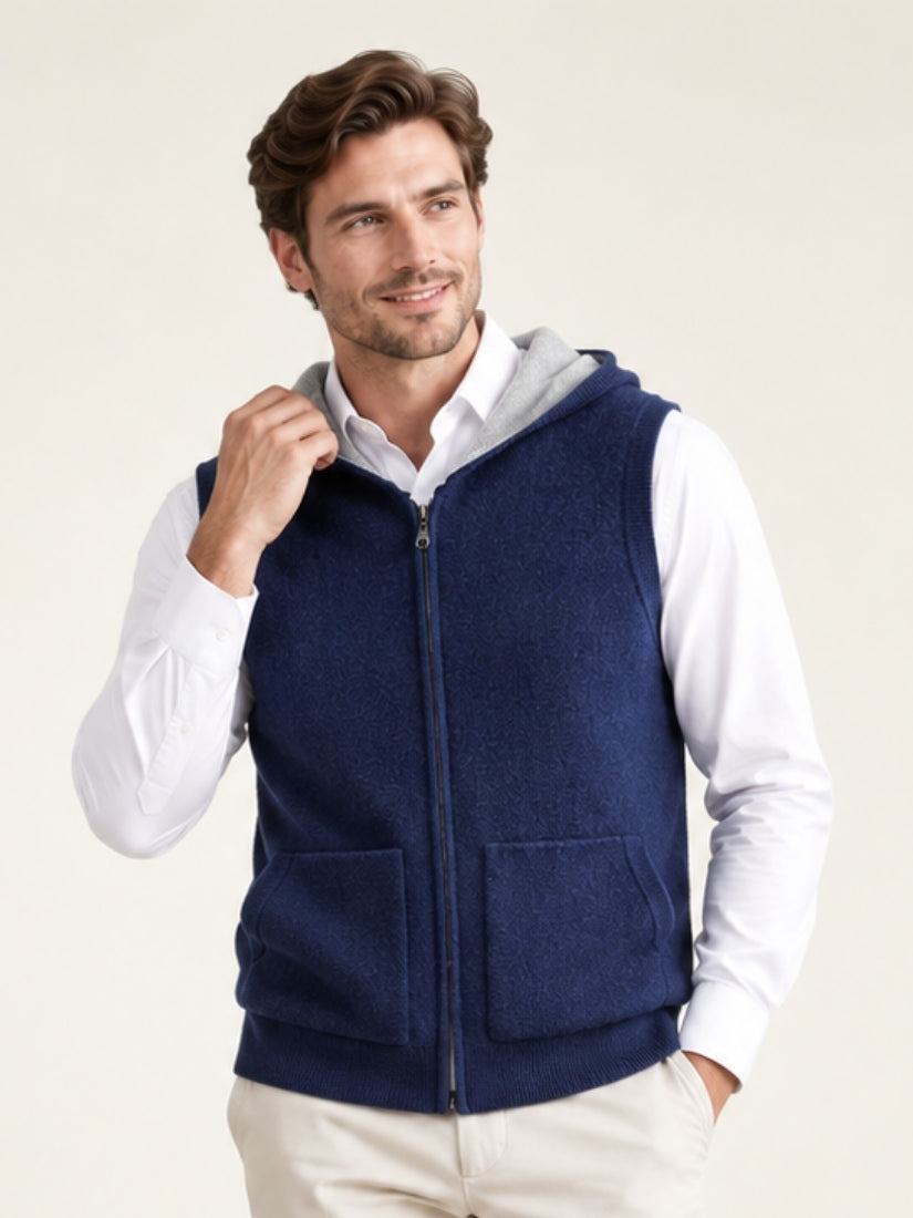 Nael — Navy Hooded Zip Cashmere Vest | The Cashmere Studio