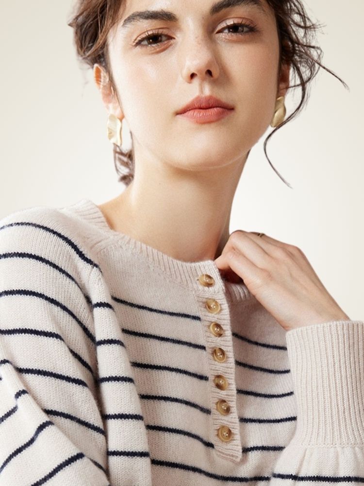 Saelis - Navy Striped Cashmere Sweater | The Cashmere Studio