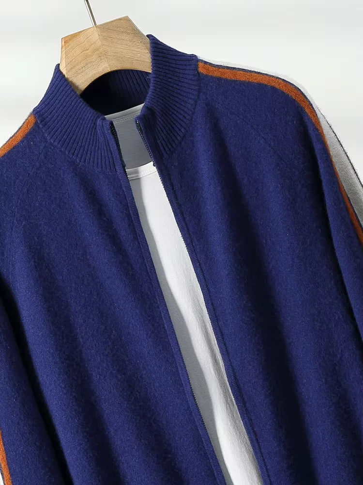 Carter - Navy Tricolore Cashmere Zip Up Cardigan | The Cashmere Studio