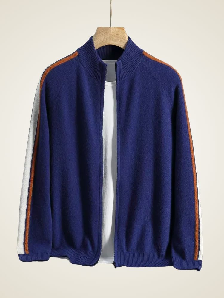 Carter - Navy Tricolore Cashmere Zip Up Cardigan | The Cashmere Studio