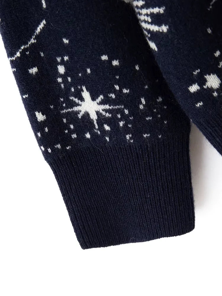 Taryn - Navy Celestial Print Cashmere Cardigan | The Cashmere Studio