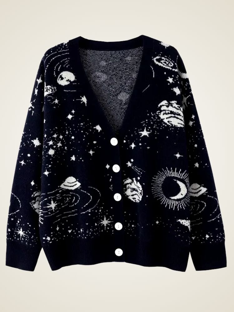 Taryn - Navy Celestial Print Cashmere Cardigan | The Cashmere Studio