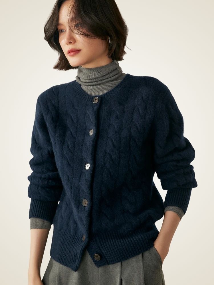 Faith - Navy Cable Knit Cashmere Cardigan | The Cashmere Studio