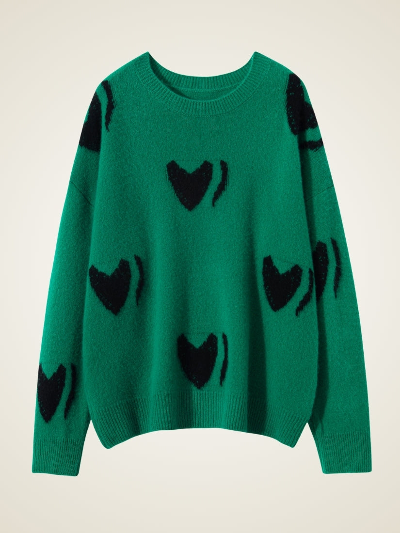 Nirelle - Green Heart Jacquard Cashmere Sweater | The Cashmere Studio