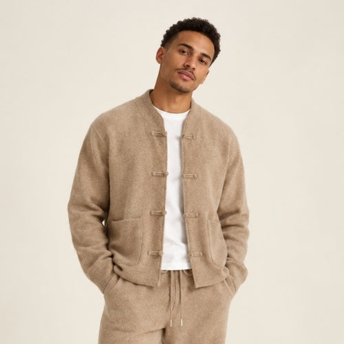 Orian — Beige Mandarin-Collar Cashmere Cardigan | The Cashmere Studio