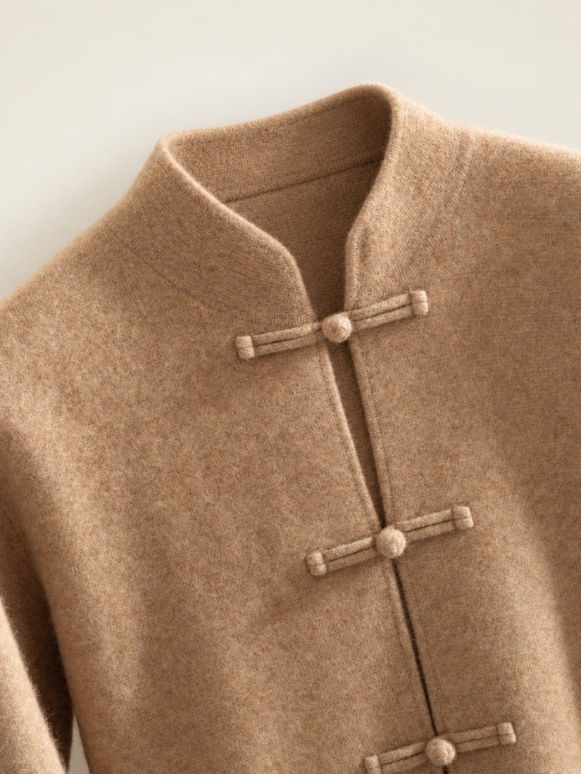 Orian — Beige Cashmere Mandarin Collar & Frog Fastening Detail | The Cashmere Studio