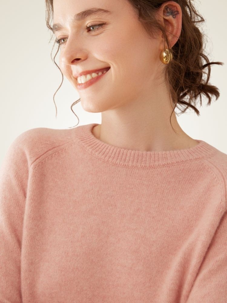 Yeloria - Pink Raglan Sleeves Cashmere Sweater | The Cashmere Studio
