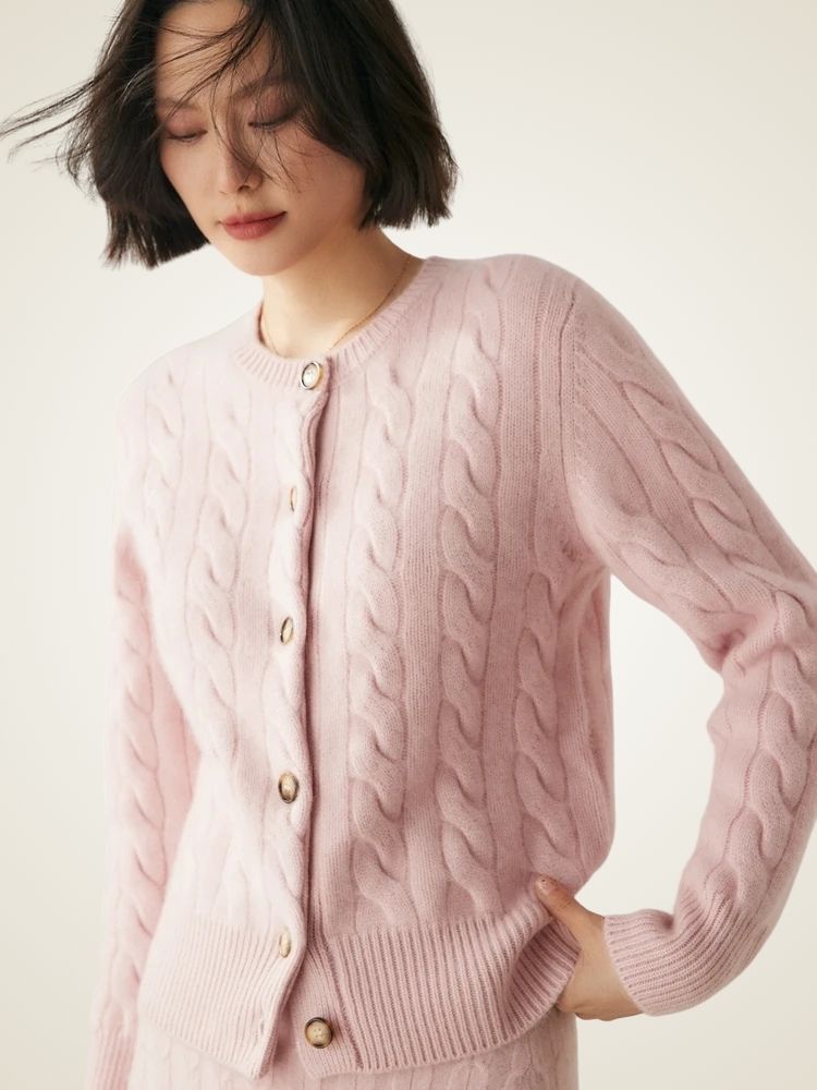 Faith - Pink Cable Knit Cashmere Cardigan | The Cashmere Studio