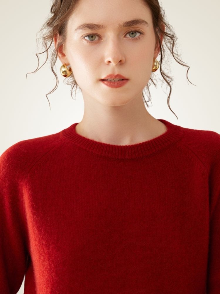 Yeloria - Red Raglan Sleeves Cashmere Sweater | The Cashmere Studio
