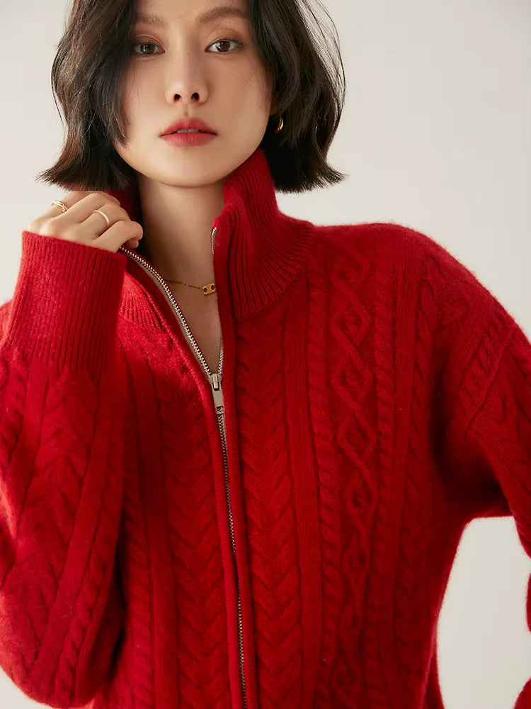 Willow - Red Zip Cable Knit Cashmere Cardigan | The Cashmere Studio