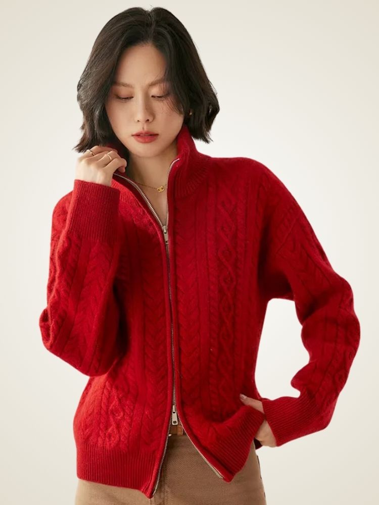 Willow - Red Zip Cable Knit Cashmere Cardigan | The Cashmere Studio