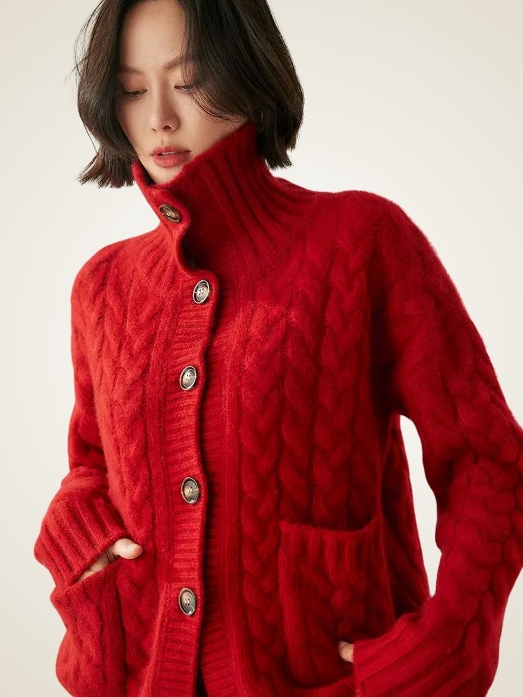 Laura - Red Cable Knit Cashmere Cardigan | The Cashmere Studio